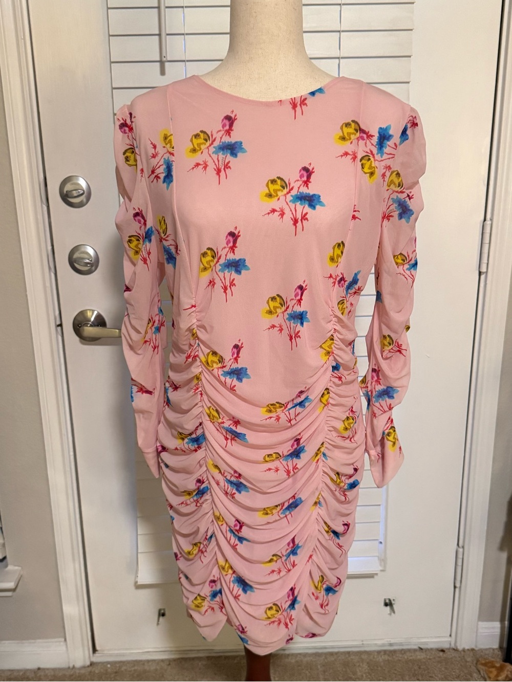 Ganni Pink Floral Ruched Long-Sleeve Dress with Yellow & Blue Accents